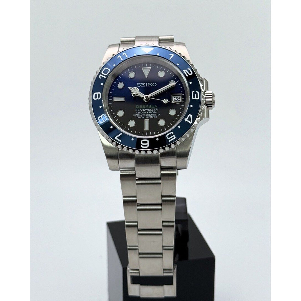 Custom Seiko Mod • Deepsea Chrome Blue Dual Time • 40mm